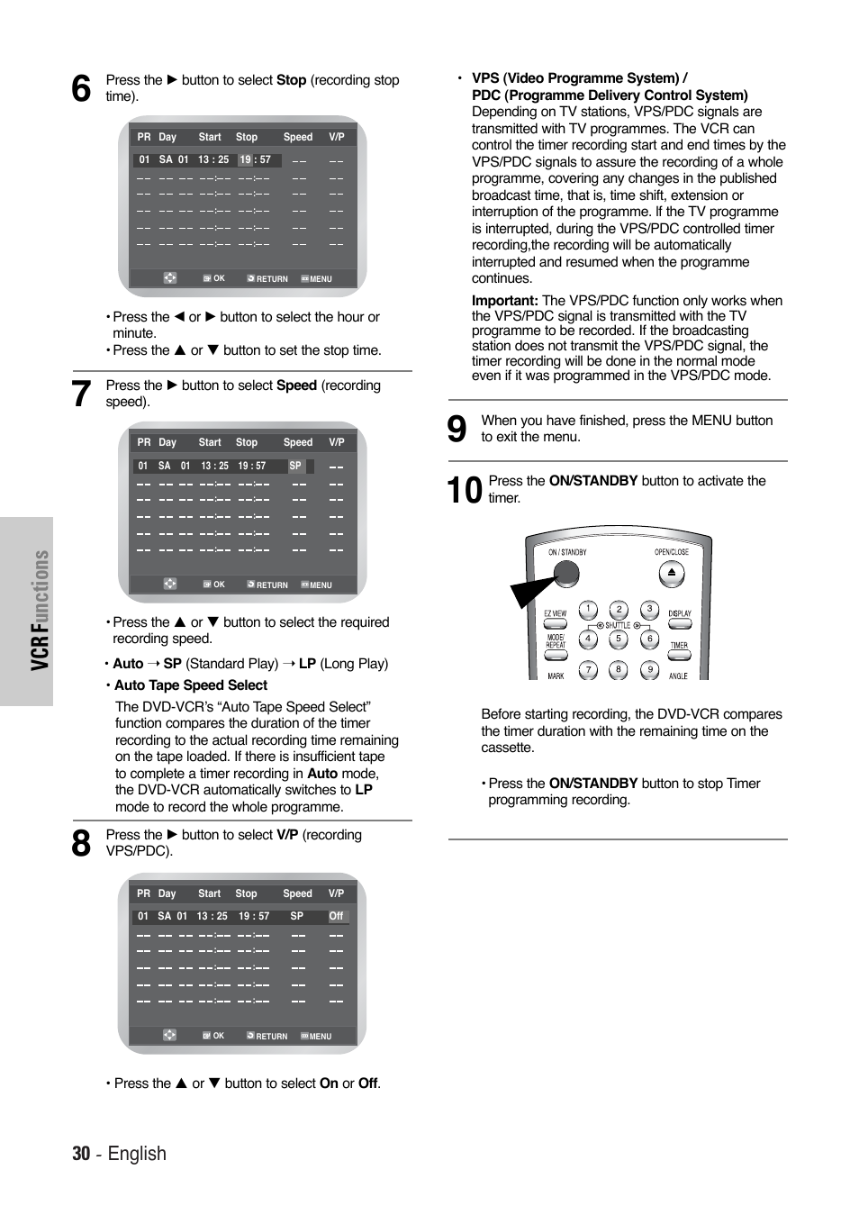 Vcr f unctions, 30 - english | Toshiba SD-36VESE User Manual | Page 30 / 61