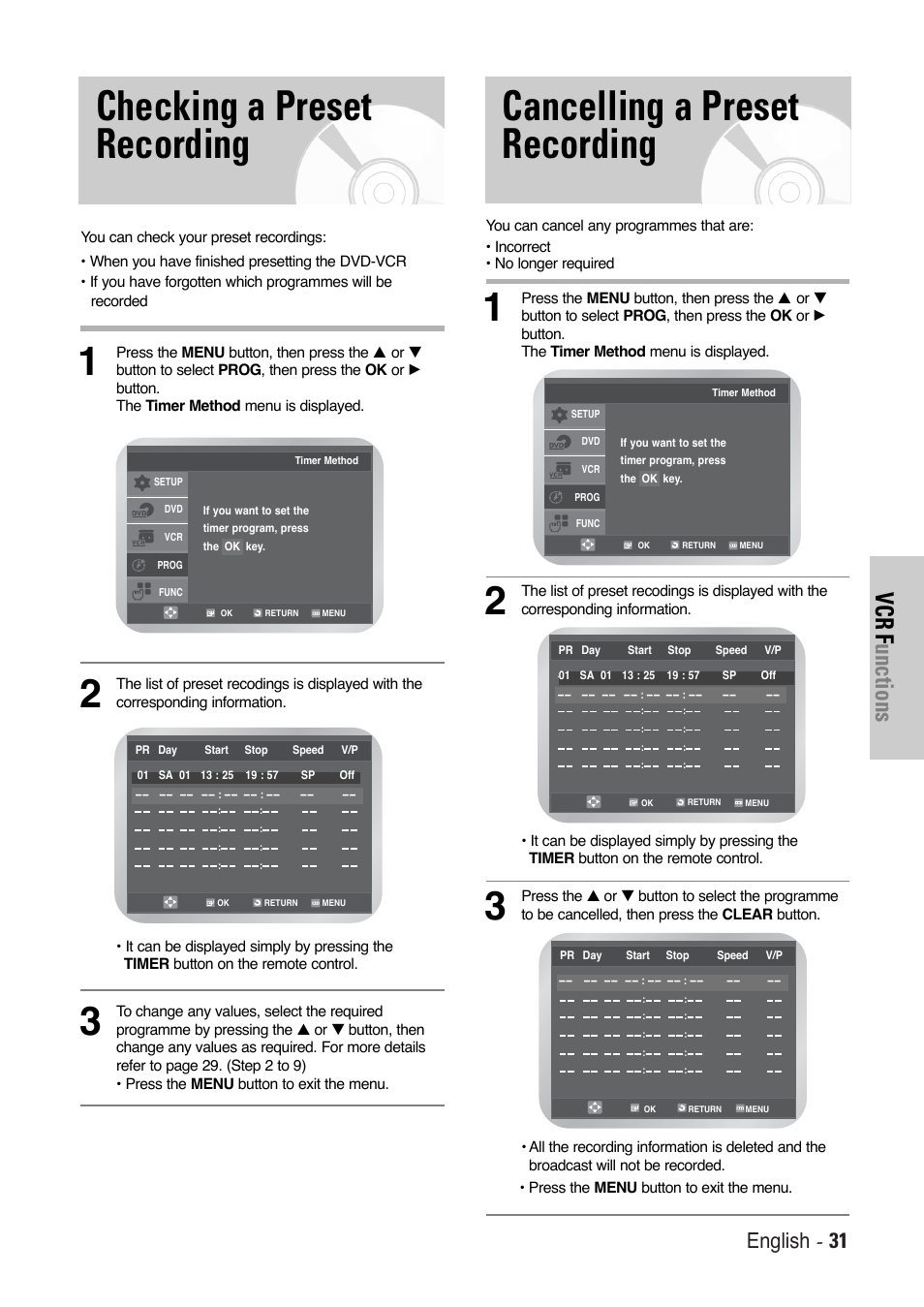 Checking a preset recording, Cancelling a preset recording, Vcr f unctions | English - 31 | Toshiba SD-36VESE User Manual | Page 31 / 61