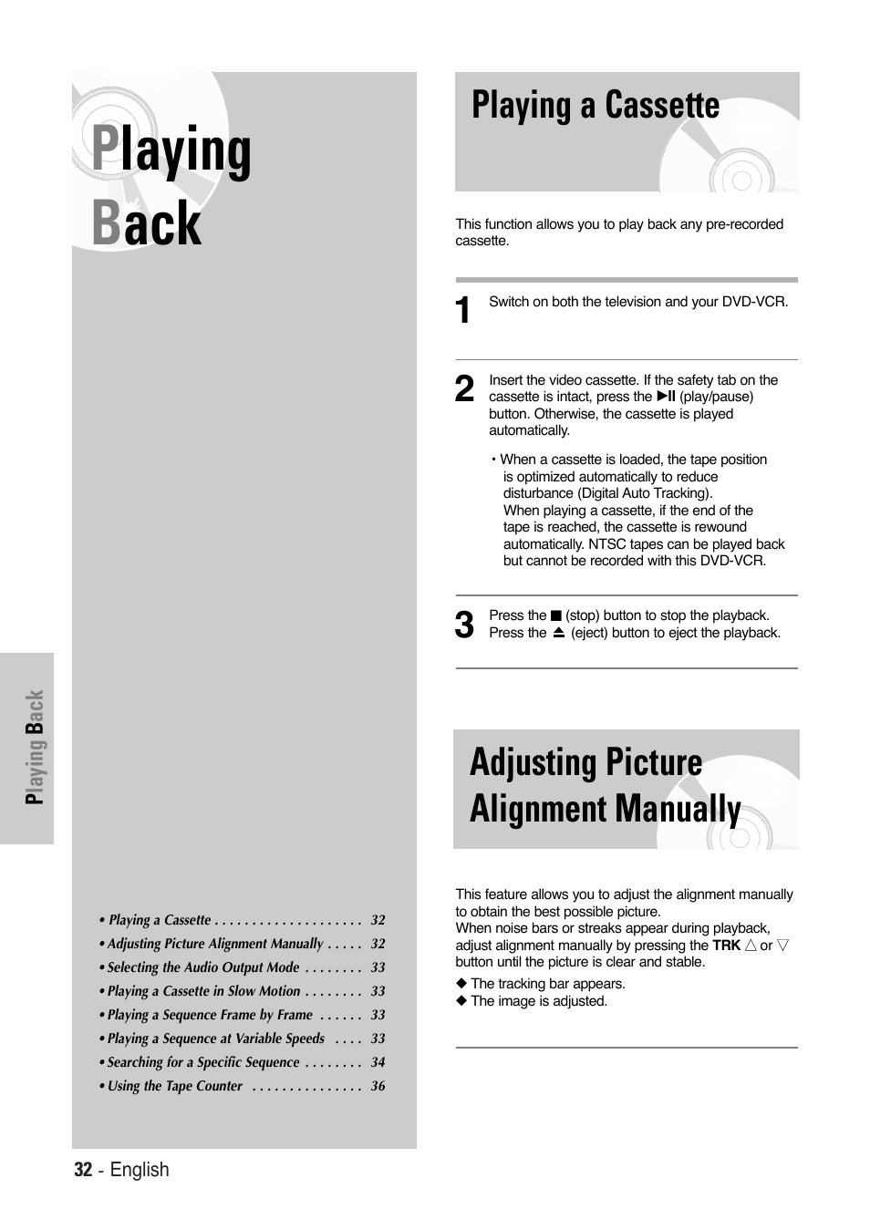 Playing b ack, Playing a cassette, Adjusting picture alignment manually | Toshiba SD-36VESE User Manual | Page 32 / 61