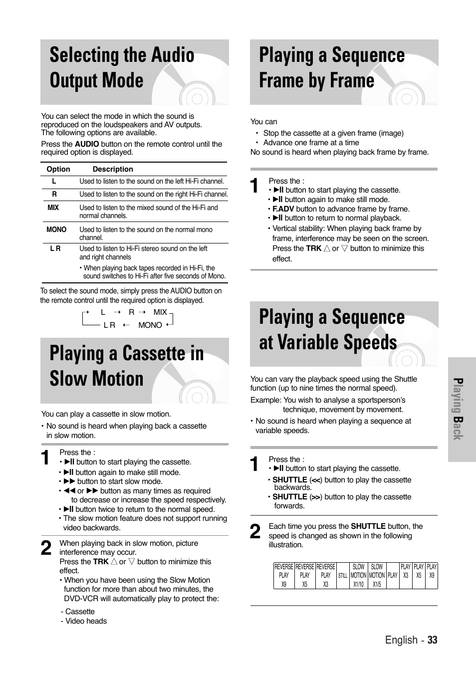 Playing a sequence at variable speeds, Playing a sequence frame by frame, Selecting the audio output mode | Playing a cassette in slow motion, Playing b ack, English - 33 | Toshiba SD-36VESE User Manual | Page 33 / 61