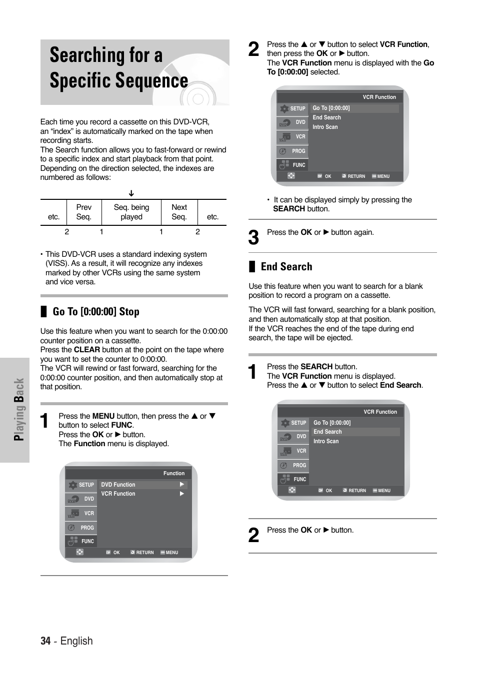 Searching for a specific sequence, Playing b ack, 34 - english | End search | Toshiba SD-36VESE User Manual | Page 34 / 61