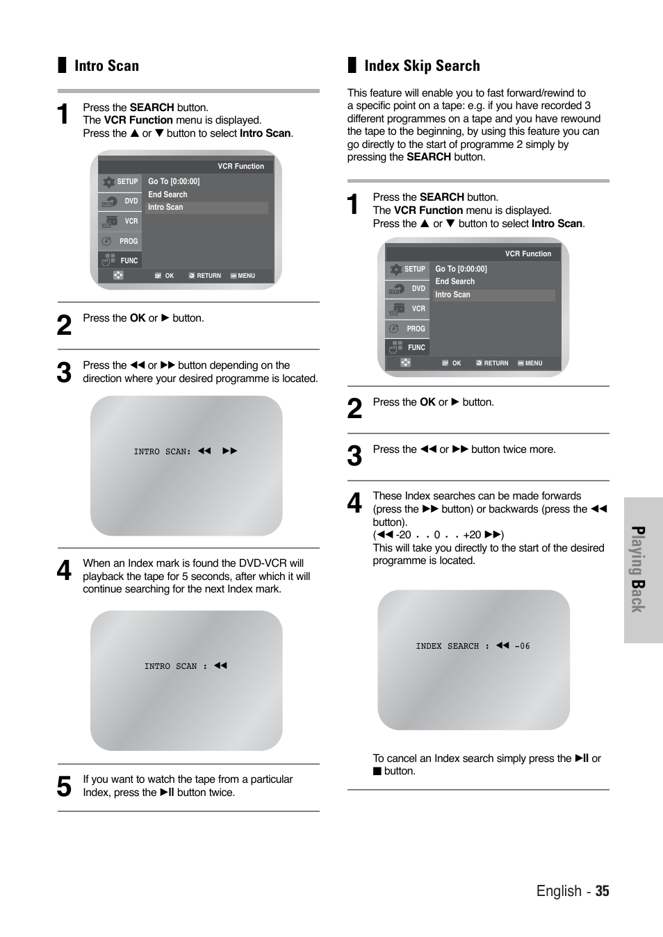 Playing b ack, English - 35, Intro scan | Index skip search | Toshiba SD-36VESE User Manual | Page 35 / 61