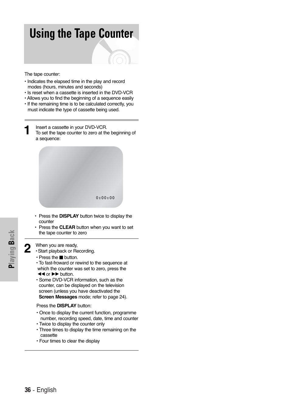 Using the tape counter, Playing b ack | Toshiba SD-36VESE User Manual | Page 36 / 61