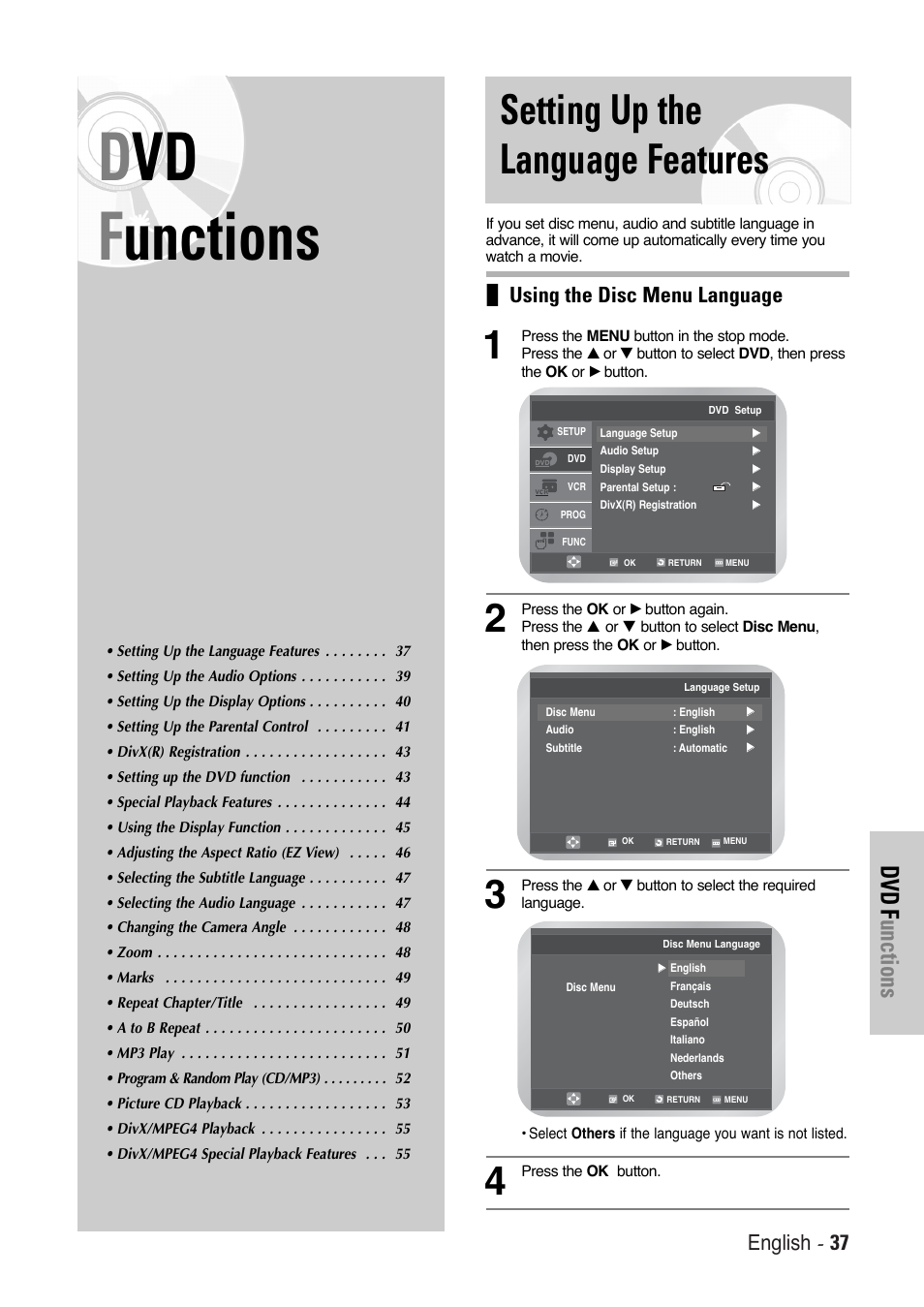 Setting up the language features, Dvd f unctions, English - 37 | Using the disc menu language | Toshiba SD-36VESE User Manual | Page 37 / 61