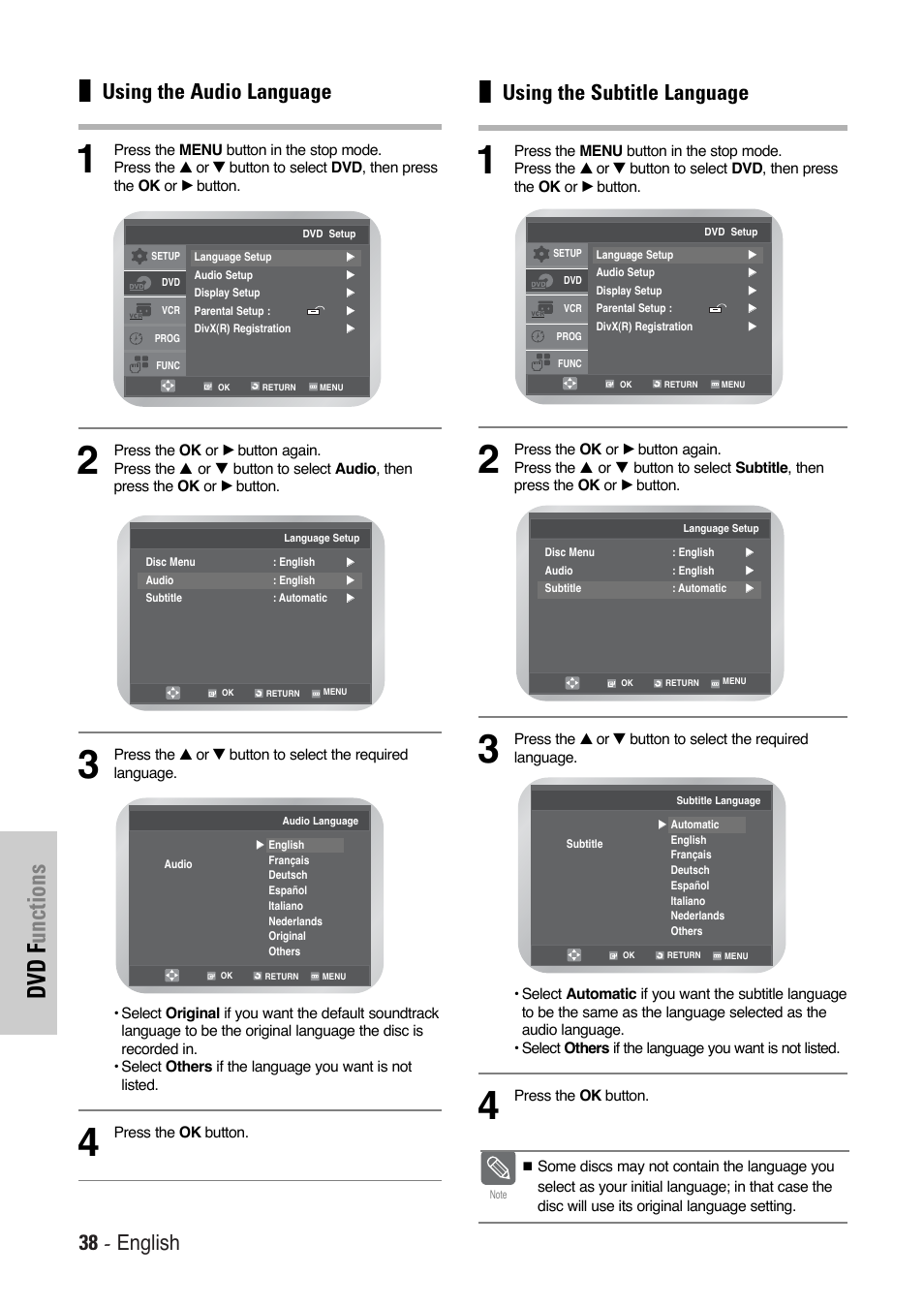 Dvd f unctions, 38 - english, Using the audio language | Using the subtitle language | Toshiba SD-36VESE User Manual | Page 38 / 61