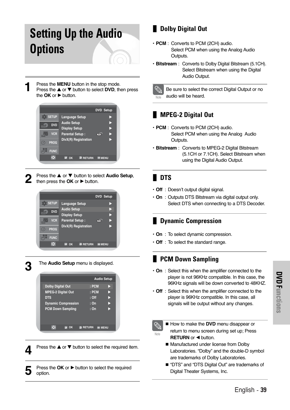 Setting up the audio options, Dvd f unctions, English - 39 | Dolby digital out, Mpeg-2 digital out, Dynamic compression, Pcm down sampling | Toshiba SD-36VESE User Manual | Page 39 / 61