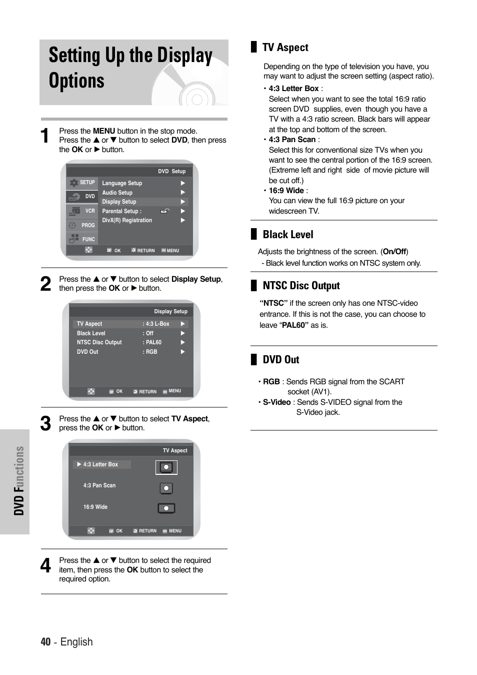 Setting up the display options, Dvd f unctions, 40 - english | Tv aspect, Black level, Ntsc disc output, Dvd out | Toshiba SD-36VESE User Manual | Page 40 / 61