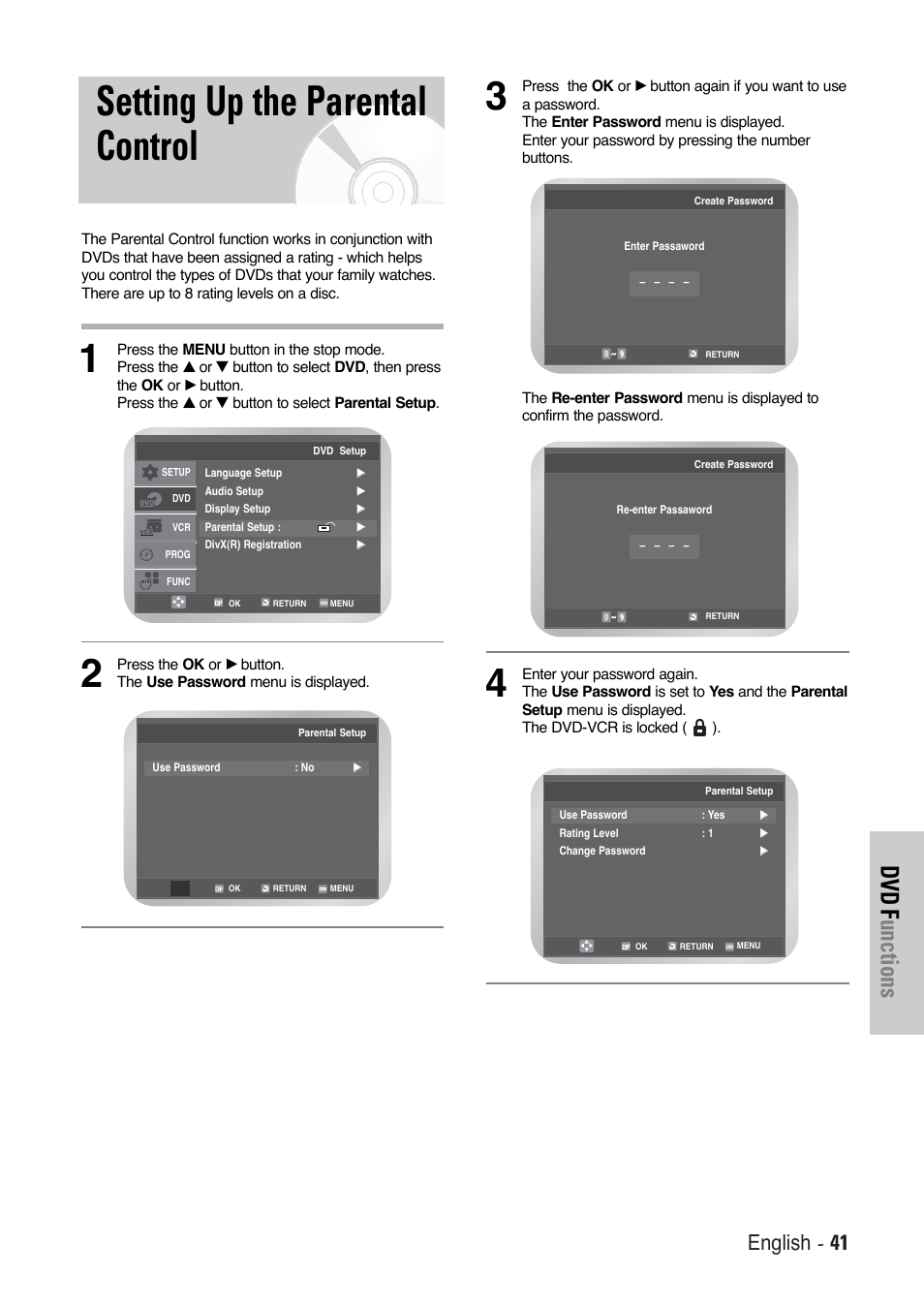 Setting up the parental control, Dvd f unctions, English - 41 | Toshiba SD-36VESE User Manual | Page 41 / 61