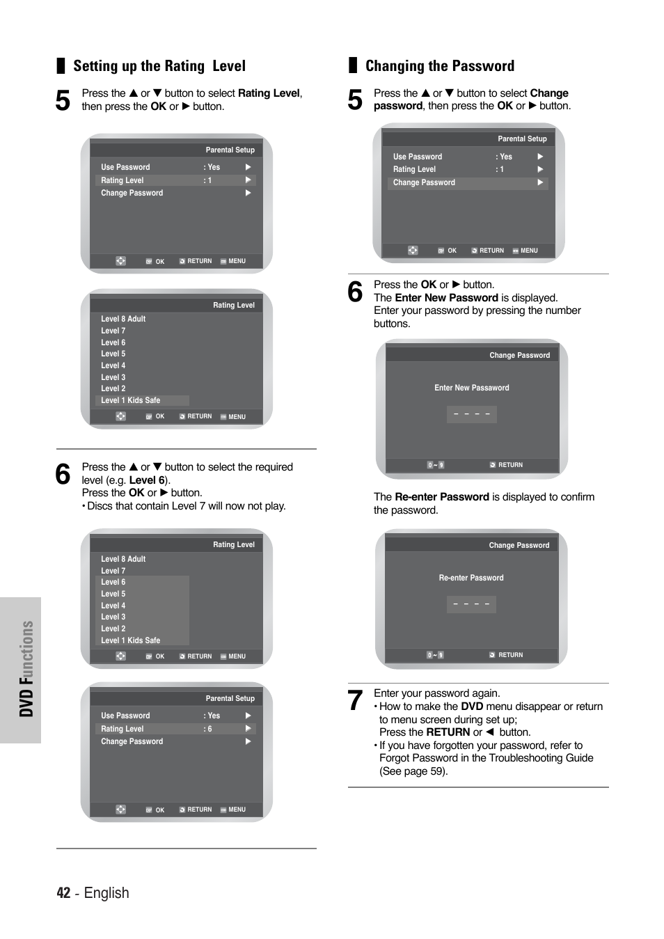 Dvd f unctions, 42 - english, Setting up the rating level | Changing the password | Toshiba SD-36VESE User Manual | Page 42 / 61