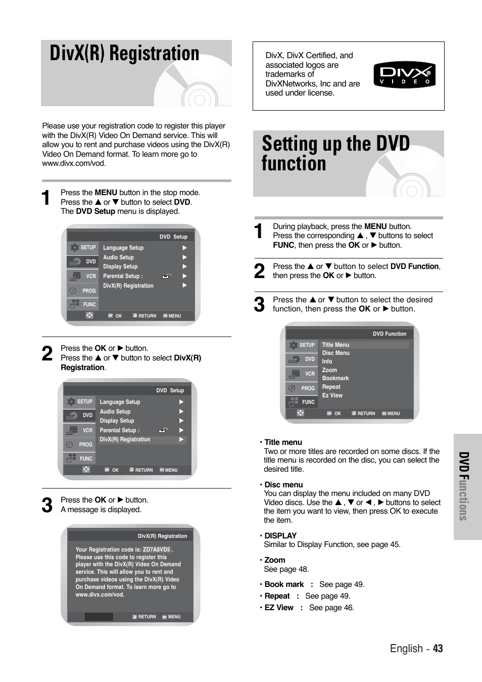 Divx(r) registration, Setting up the dvd function, Dvd f unctions | English - 43 | Toshiba SD-36VESE User Manual | Page 43 / 61