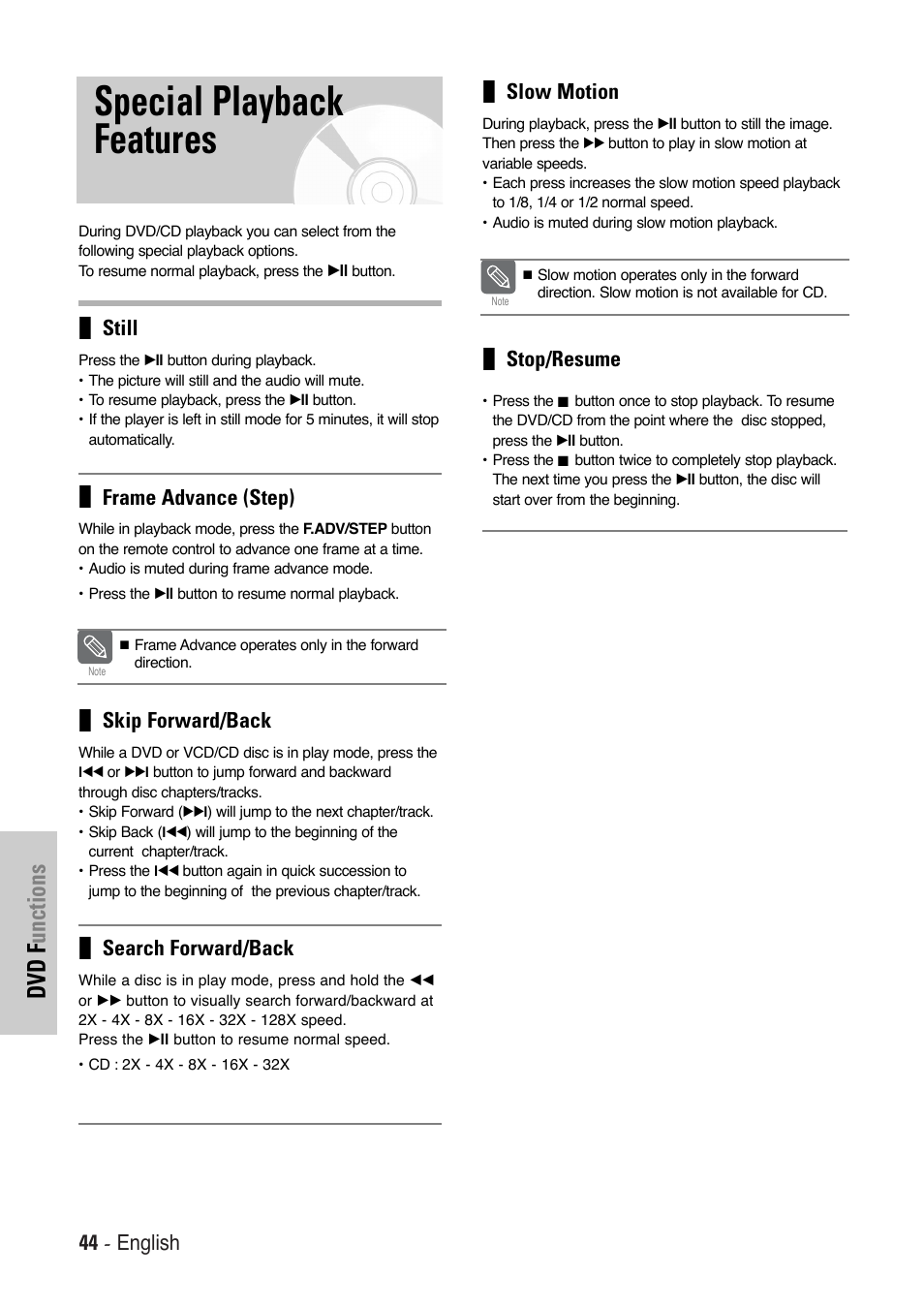 Special playback features, Dvd f unctions | Toshiba SD-36VESE User Manual | Page 44 / 61