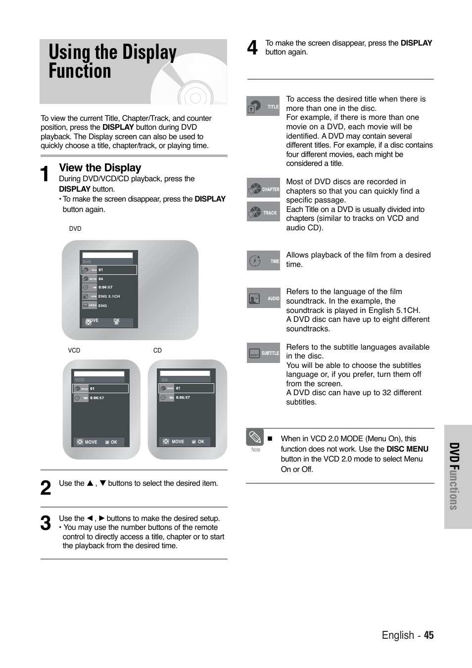 Using the display function, Dvd f unctions | Toshiba SD-36VESE User Manual | Page 45 / 61