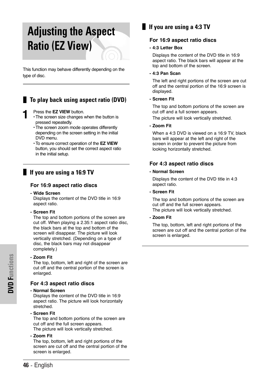 Adjusting the aspect ratio (ez view), Dvd f unctions, 46 - english | If you are using a 16:9 tv, If you are using a 4:3 tv | Toshiba SD-36VESE User Manual | Page 46 / 61