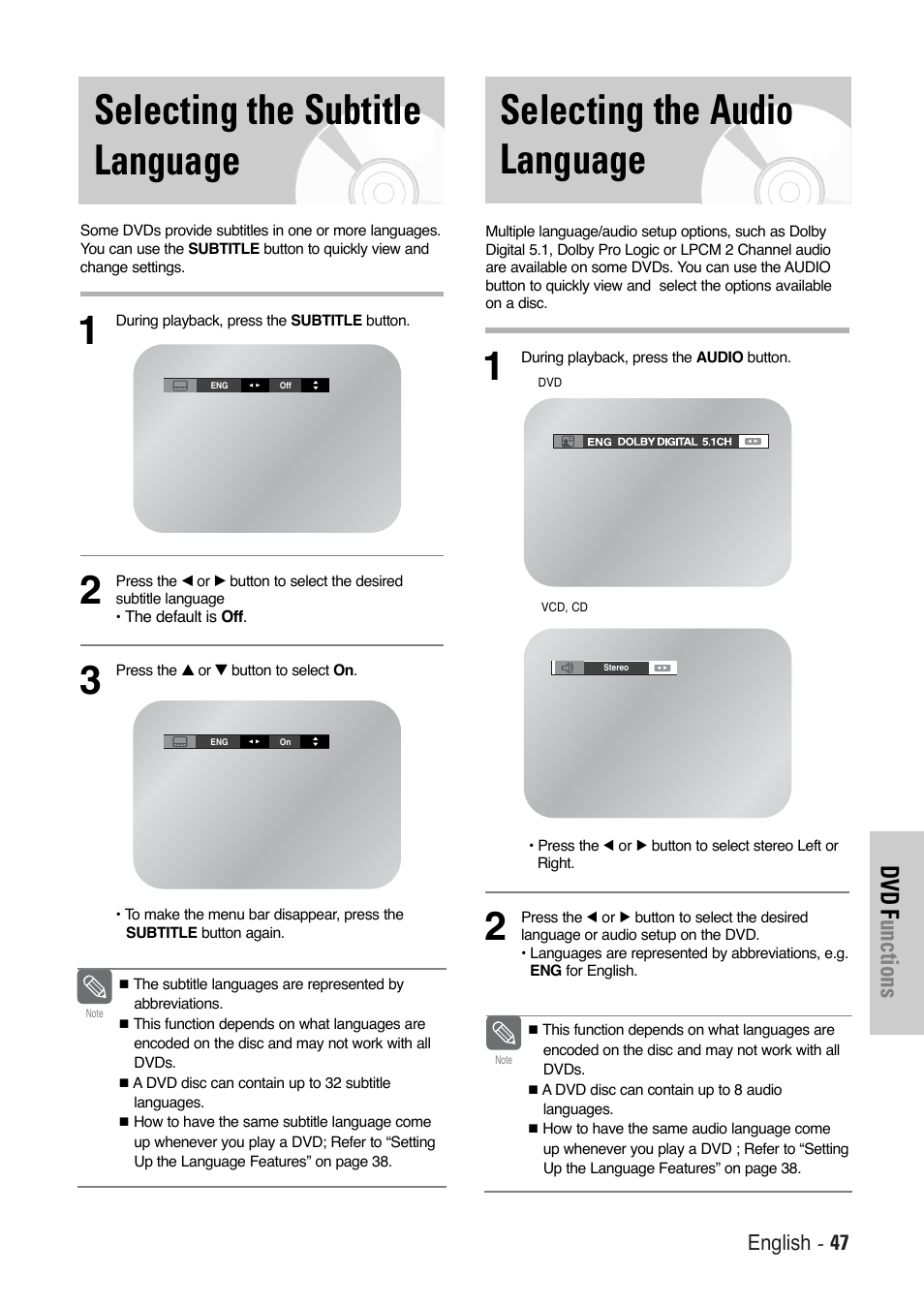 Dvd f unctions, English - 47 | Toshiba SD-36VESE User Manual | Page 47 / 61