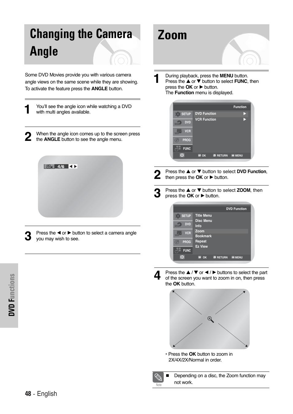 Zoom changing the camera angle, Dvd f unctions, 48 - english | Toshiba SD-36VESE User Manual | Page 48 / 61