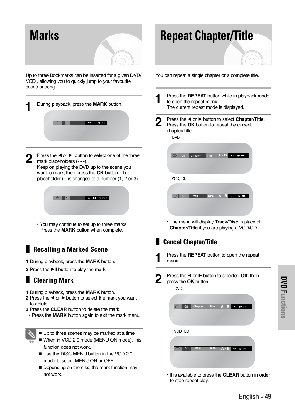 Marks repeat chapter/title, Dvd f unctions, English - 49 | Recalling a marked scene, Clearing mark, Cancel chapter/title | Toshiba SD-36VESE User Manual | Page 49 / 61