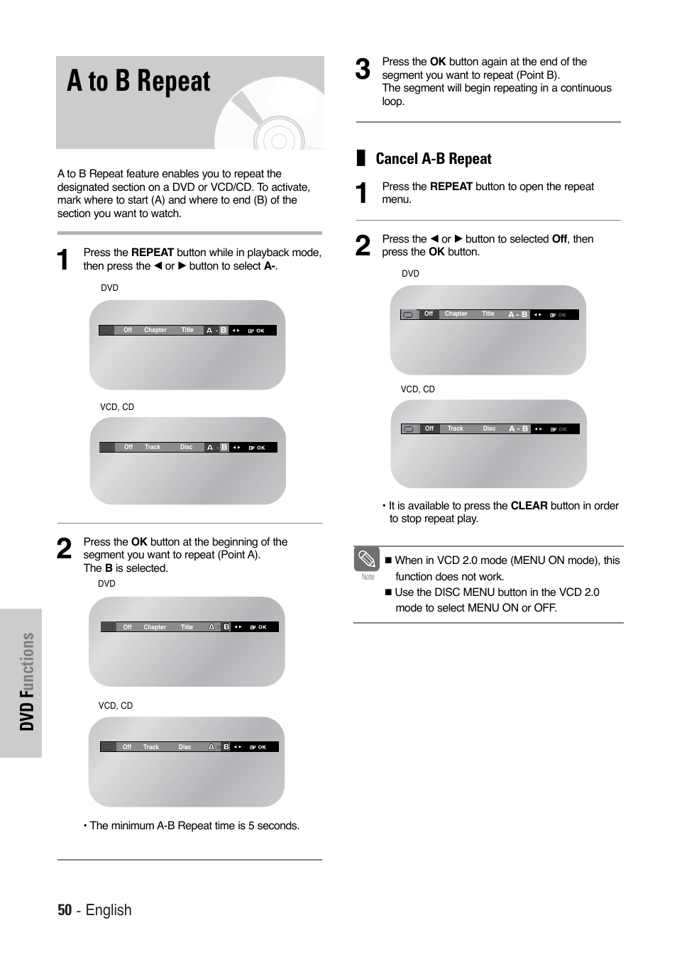 A to b repeat, Dvd f unctions, 50 - english | Cancel a-b repeat | Toshiba SD-36VESE User Manual | Page 50 / 61