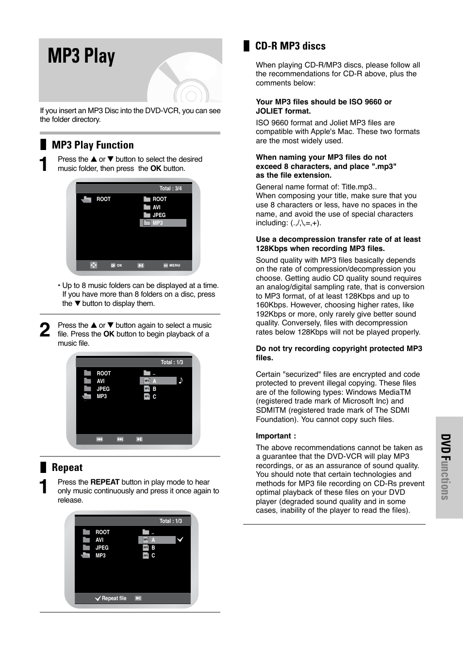 Mp3 play, Dvd f unctions, Cd-r mp3 discs | Mp3 play function, Repeat | Toshiba SD-36VESE User Manual | Page 51 / 61