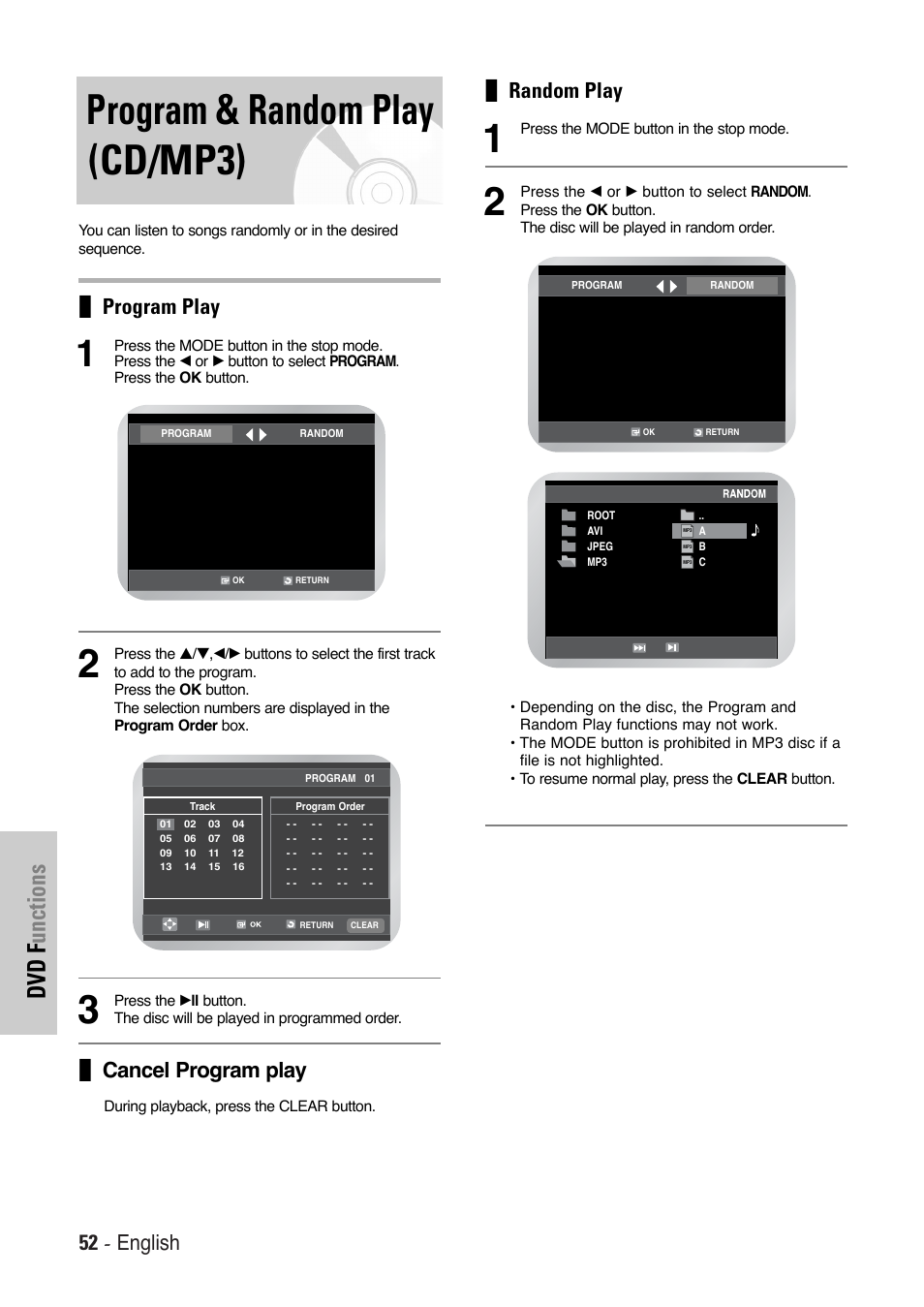 Program & random play (cd/mp3), Dvd f unctions, 52 - english | Program play, Cancel program play, Random play | Toshiba SD-36VESE User Manual | Page 52 / 61