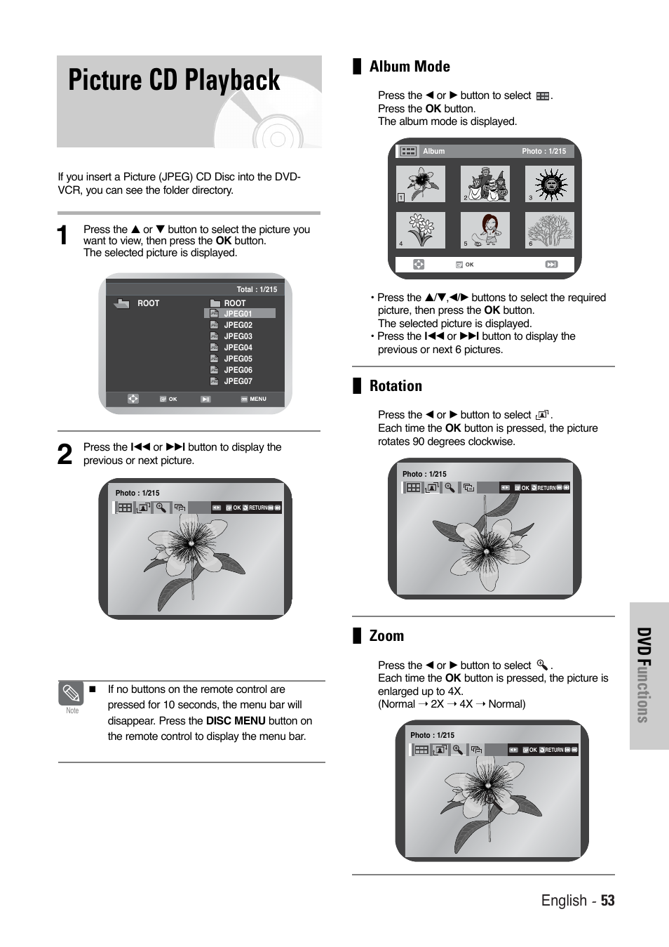 Picture cd playback, Dvd f unctions, English - 53 | Album mode, Rotation, Zoom | Toshiba SD-36VESE User Manual | Page 53 / 61