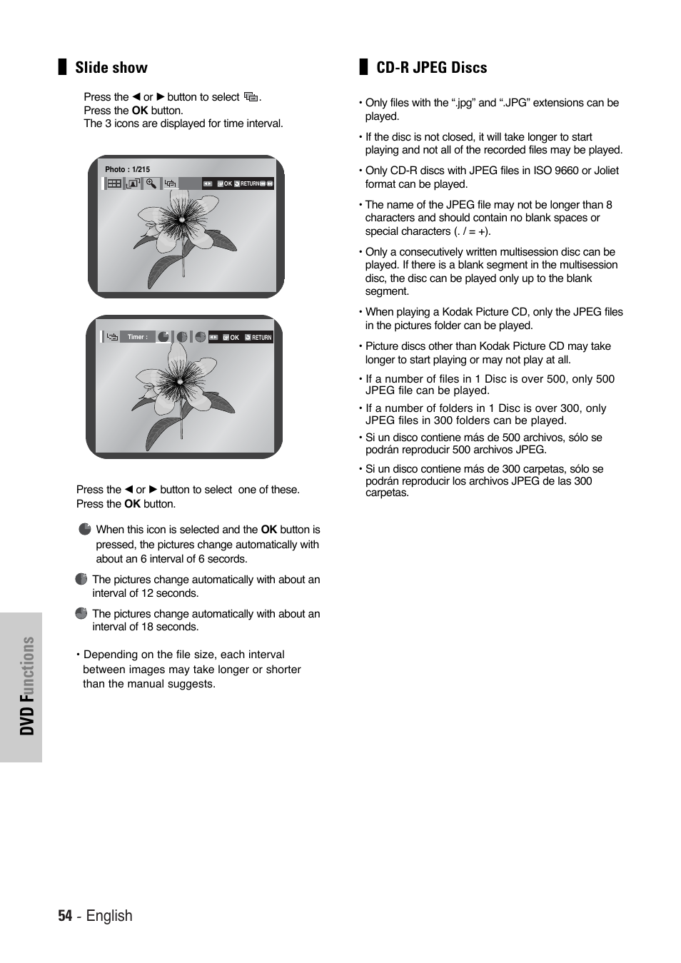 Dvd f unctions, 54 - english, Slide show | Cd-r jpeg discs | Toshiba SD-36VESE User Manual | Page 54 / 61