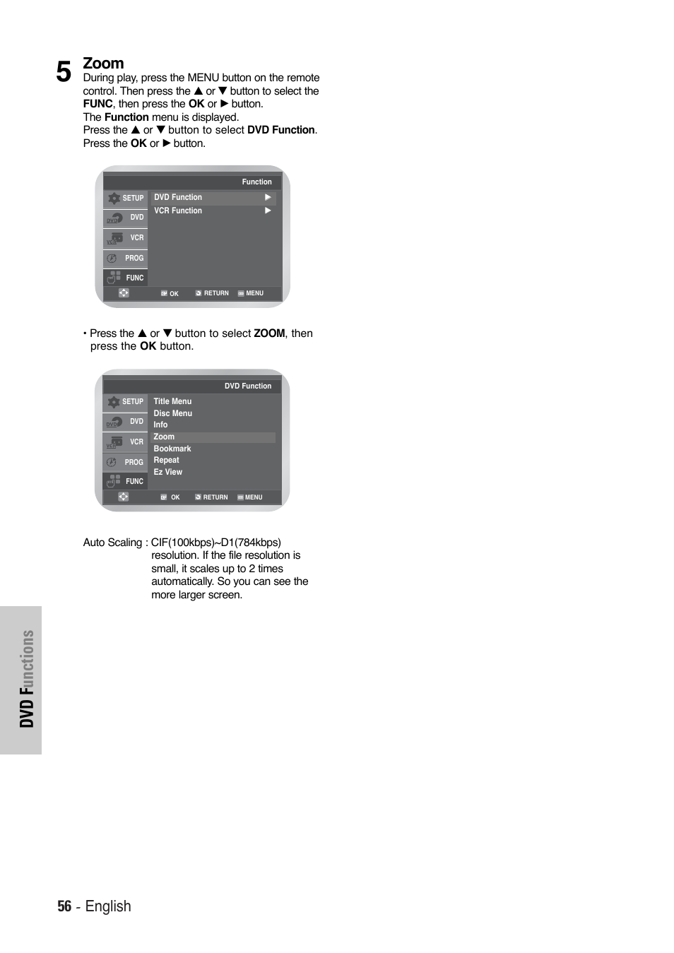 Dvd f unctions, 56 - english, Zoom | Toshiba SD-36VESE User Manual | Page 56 / 61