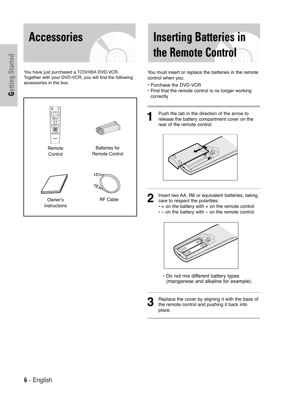 Getting started | Toshiba SD-36VESE User Manual | Page 6 / 61