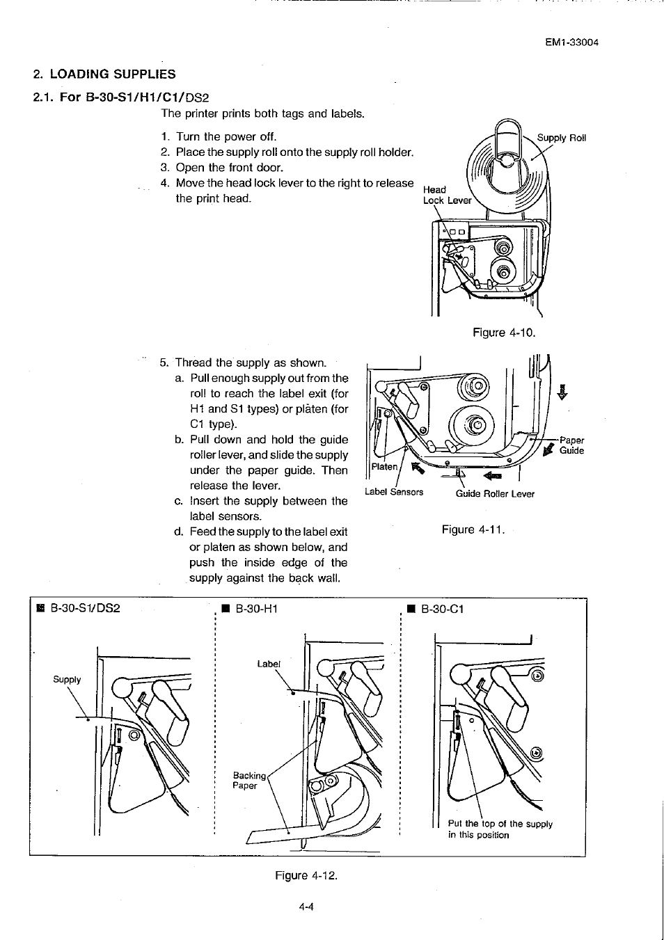 Loading supplies, For b-30-s1/h1/c1/ds2, Loading supplies - 4 | For b-30-s1/h1/c1/ds2 - 4 | Toshiba TEC B-30 Series User Manual | Page 33 / 49