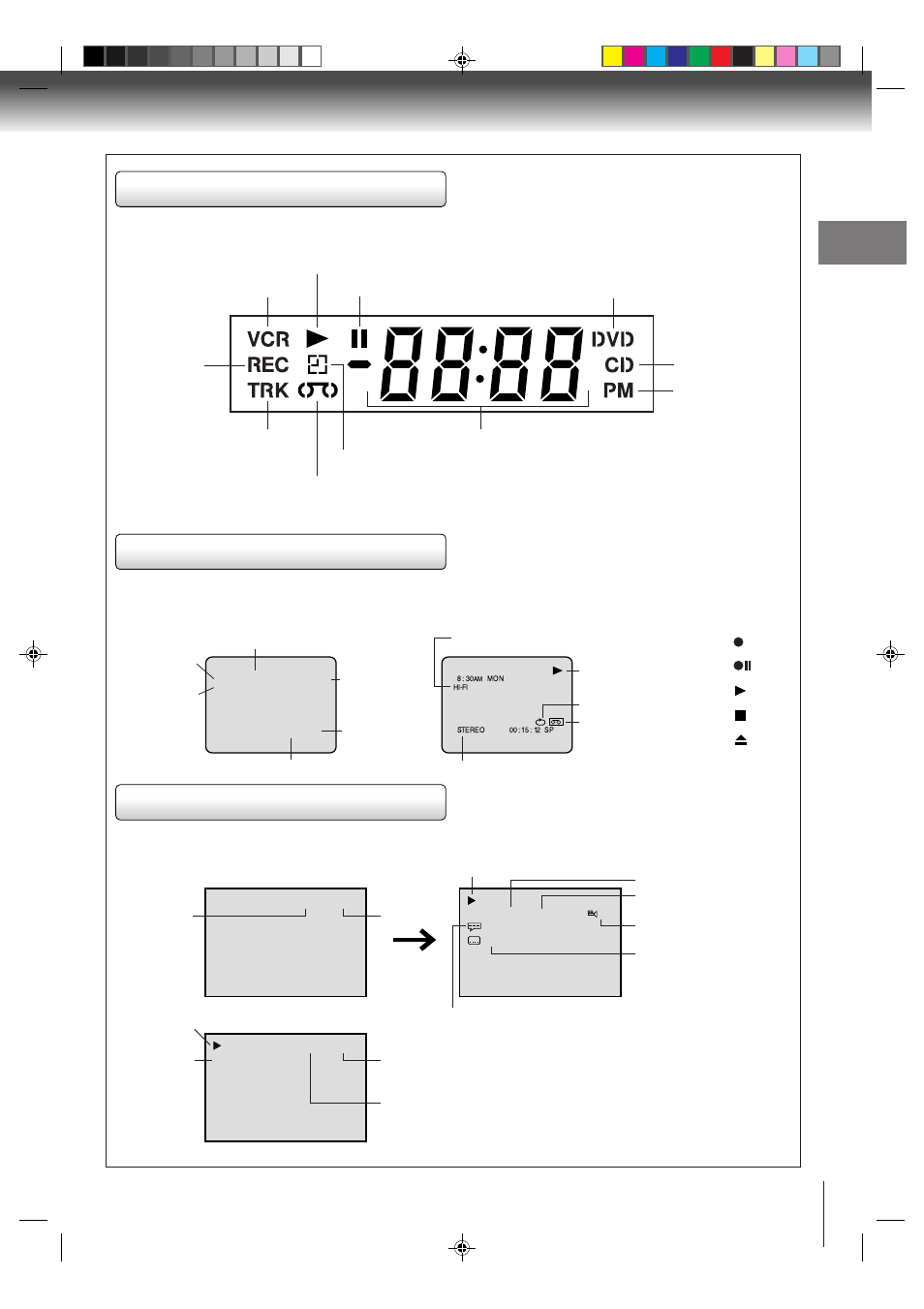 Vcr operation status, Dvd/cd/vcd operation status display window | Toshiba SD-V291 User Manual | Page 11 / 72