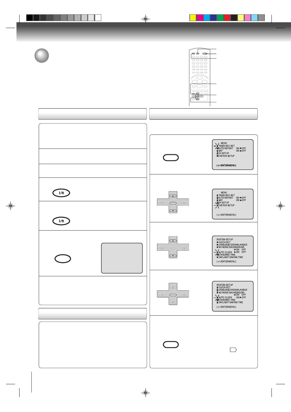 Clock setting, Auto clock setting, Auto clock adjustment to set auto clock to off | Toshiba SD-V291 User Manual | Page 24 / 72