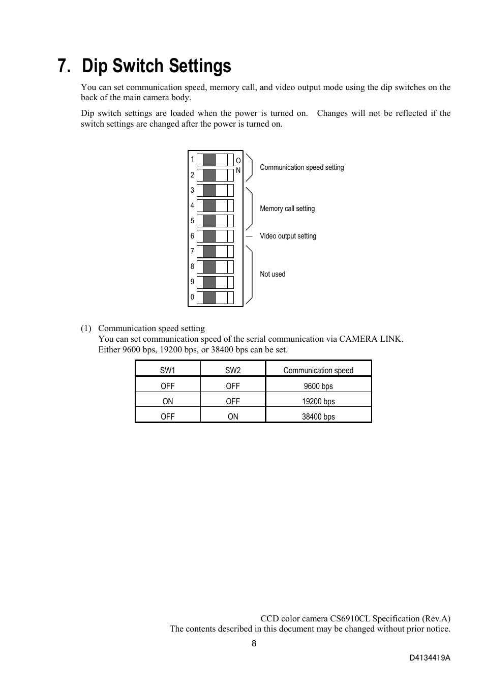 Dip switch settings | Toshiba CS6910CL User Manual | Page 10 / 24