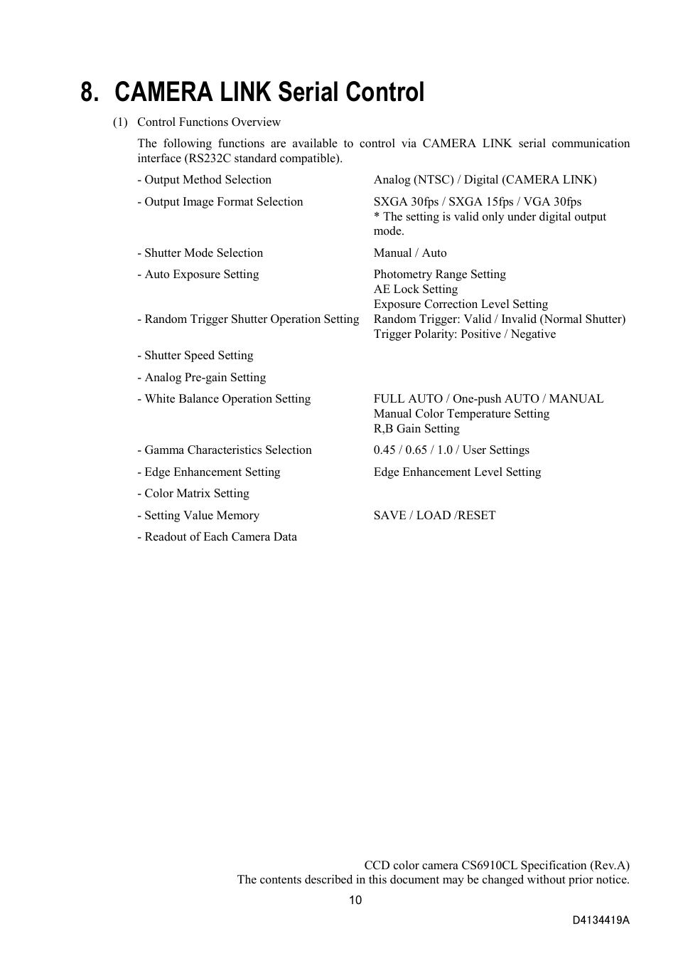 Camera link serial control | Toshiba CS6910CL User Manual | Page 12 / 24