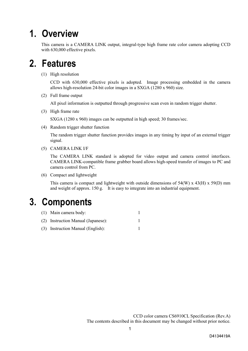 Overview, Features, Components | Toshiba CS6910CL User Manual | Page 3 / 24