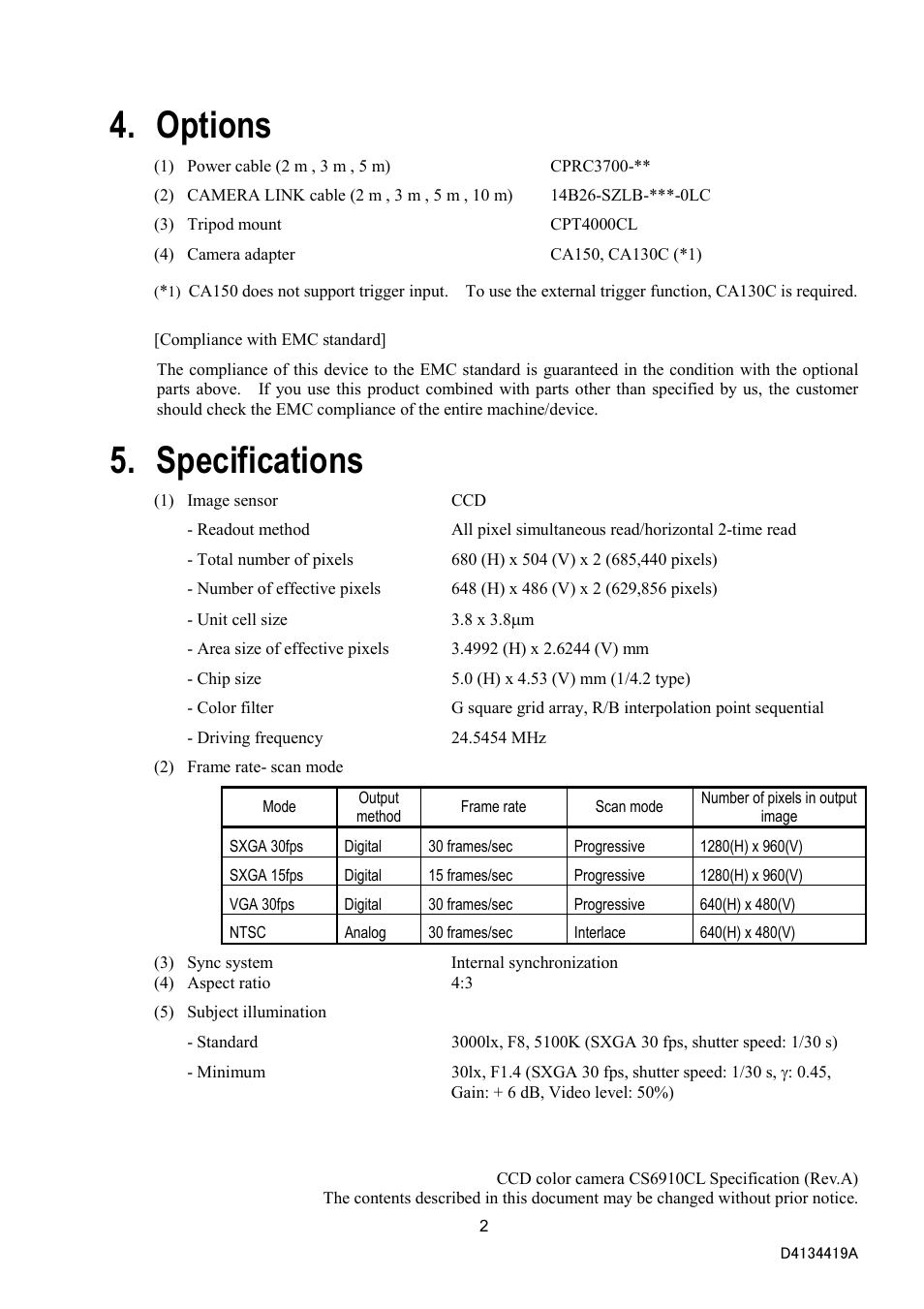 Options, Specifications | Toshiba CS6910CL User Manual | Page 4 / 24