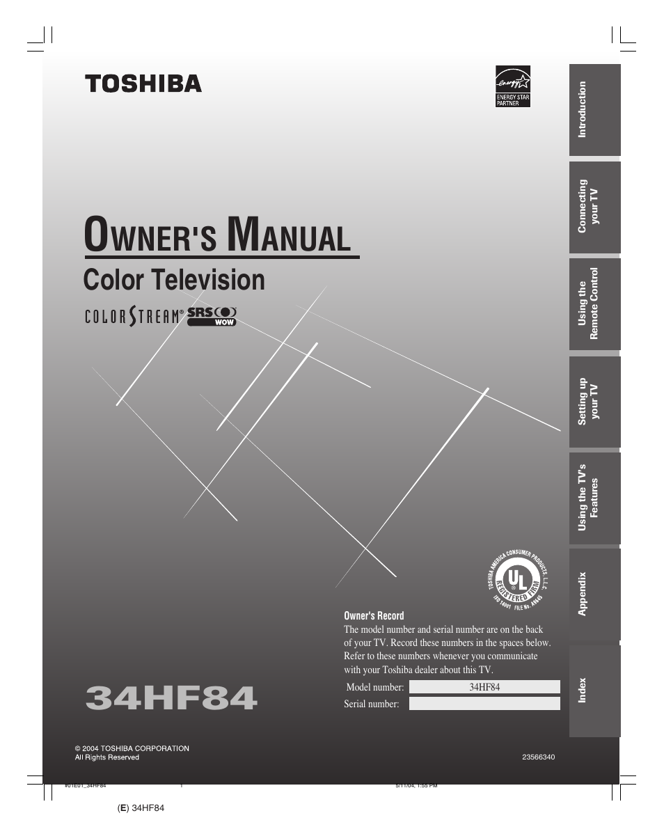 Toshiba 34HF84 User Manual | 60 pages