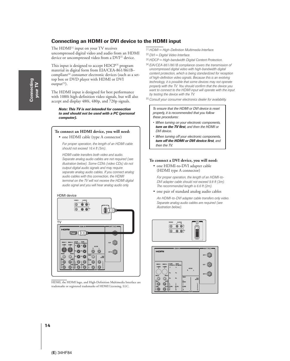 Connecting an hdmi or dvi device to the hdmi input | Toshiba 34HF84 User Manual | Page 14 / 60