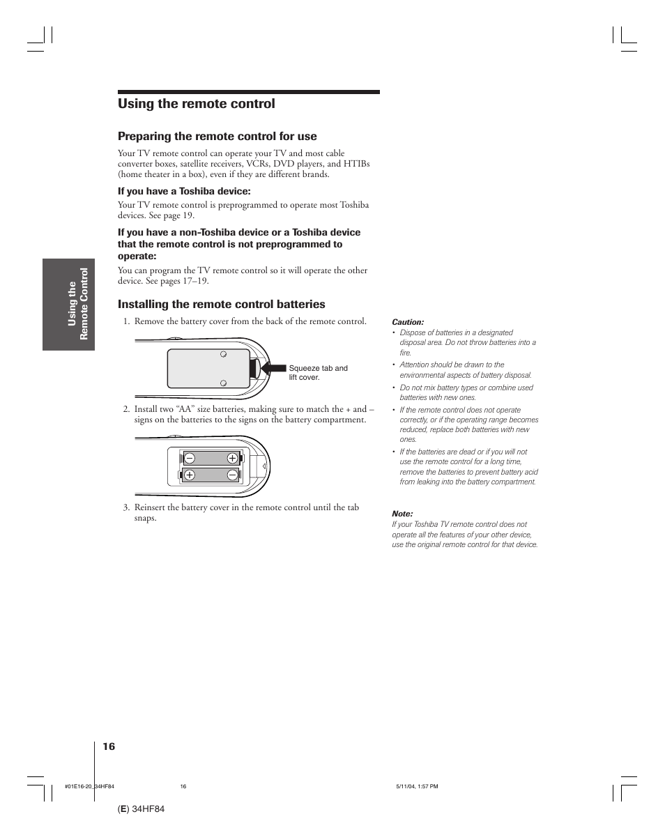 Using the remote control, Preparing the remote control for use, Installing the remote control batteries | Toshiba 34HF84 User Manual | Page 16 / 60