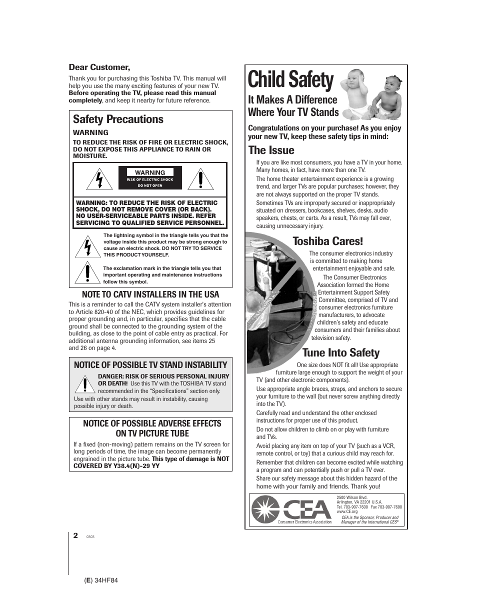 Child safety, It makes a difference where your tv stands, The issue | Toshiba cares, Tune into safety, Safety precautions | Toshiba 34HF84 User Manual | Page 2 / 60