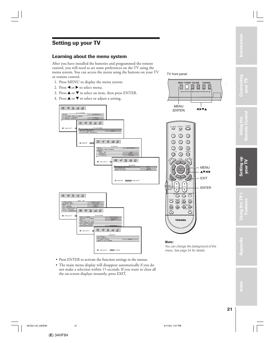 Setting up your tv, Learning about the menu system, E ) 34hf84 | Toshiba 34HF84 User Manual | Page 21 / 60