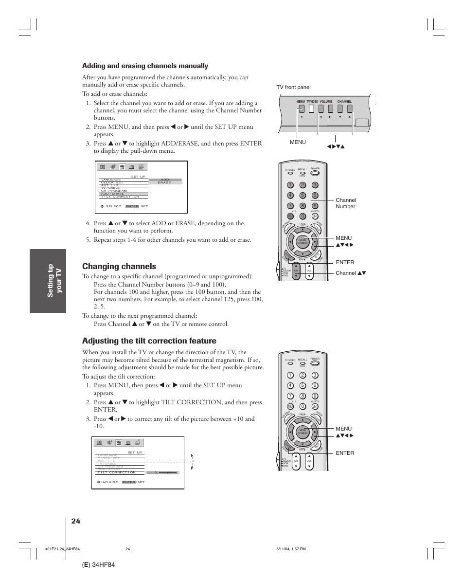 Changing channels, Adjusting the tilt correction feature, Adding and erasing channels manually | E ) 34hf84, Menu yzx • menu x •zy, Tv front panel channel yz enter channel number, Menu yzx • enter | Toshiba 34HF84 User Manual | Page 24 / 60