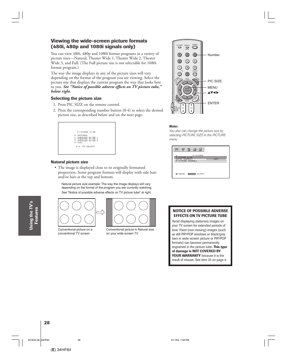 Selecting the picture size, E ) 34hf84 | Toshiba 34HF84 User Manual | Page 28 / 60