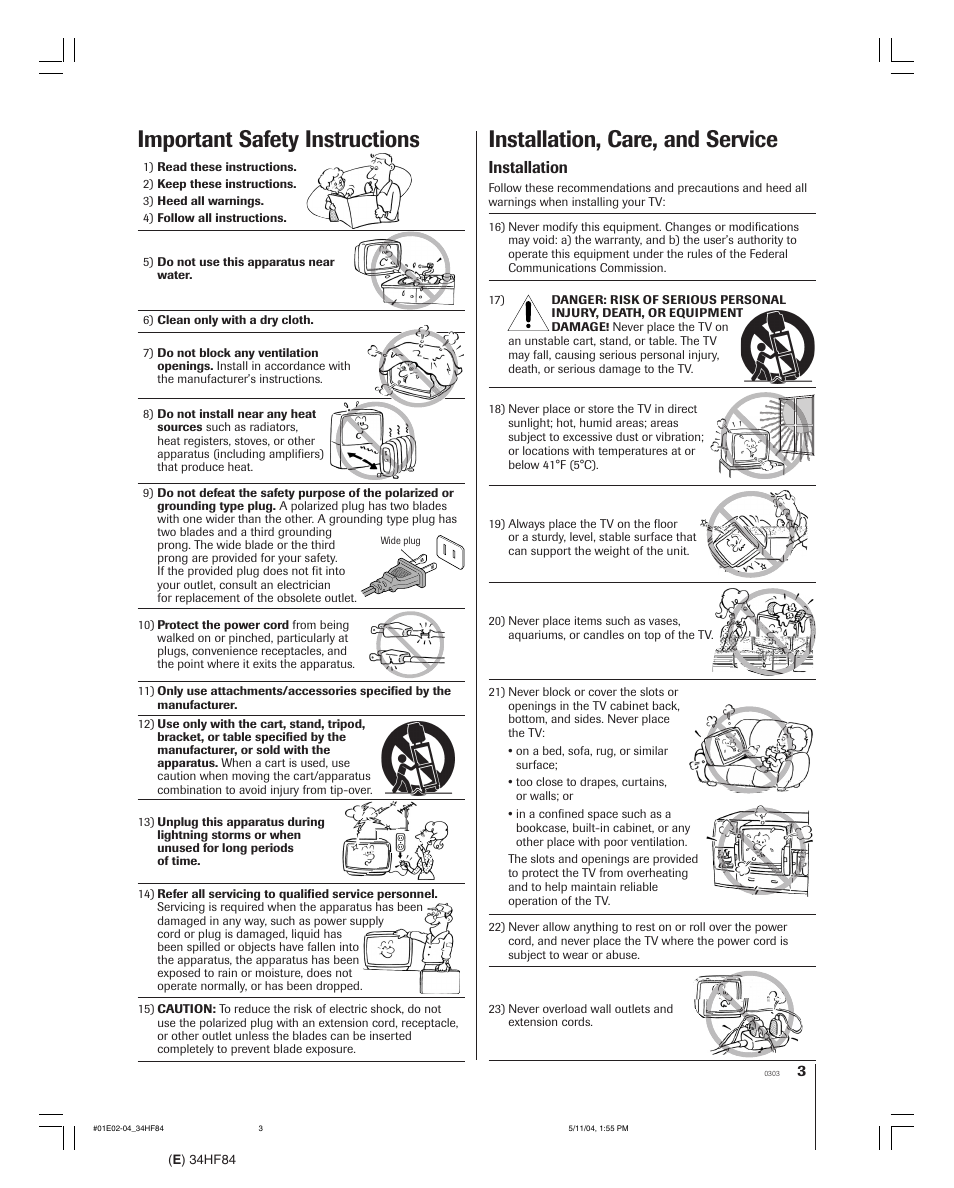 Installation, care, and service, Important safety instructions, Installation | Toshiba 34HF84 User Manual | Page 3 / 60