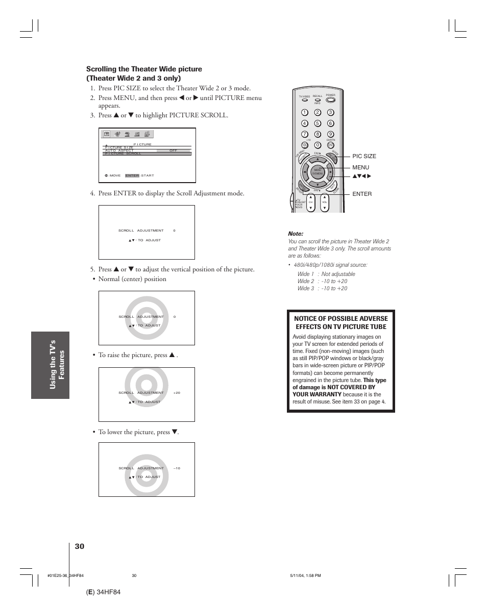 E ) 34hf84, Press enter to display the scroll adjustment mode | Toshiba 34HF84 User Manual | Page 30 / 60