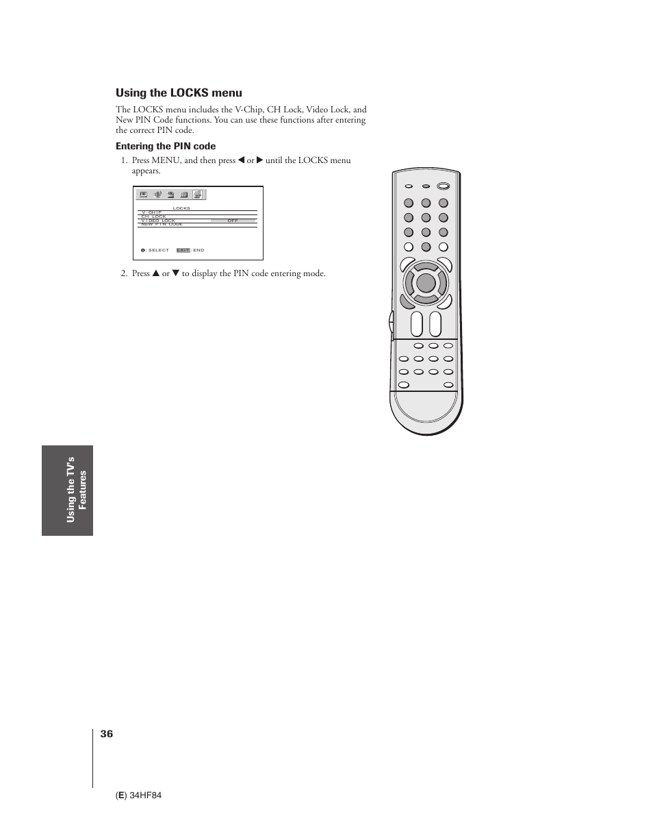 Using the locks menu | Toshiba 34HF84 User Manual | Page 36 / 60