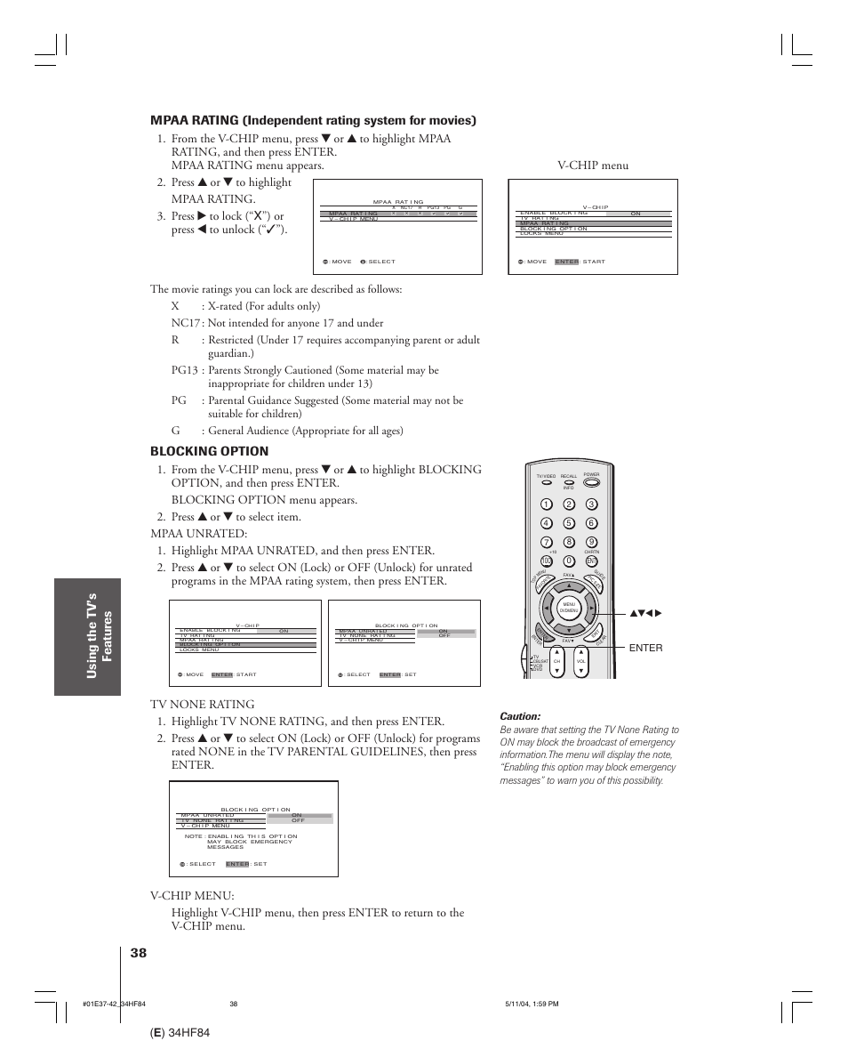 Mpaa rating (independent rating system for movies), Blocking option, E ) 34hf84 | Toshiba 34HF84 User Manual | Page 38 / 60