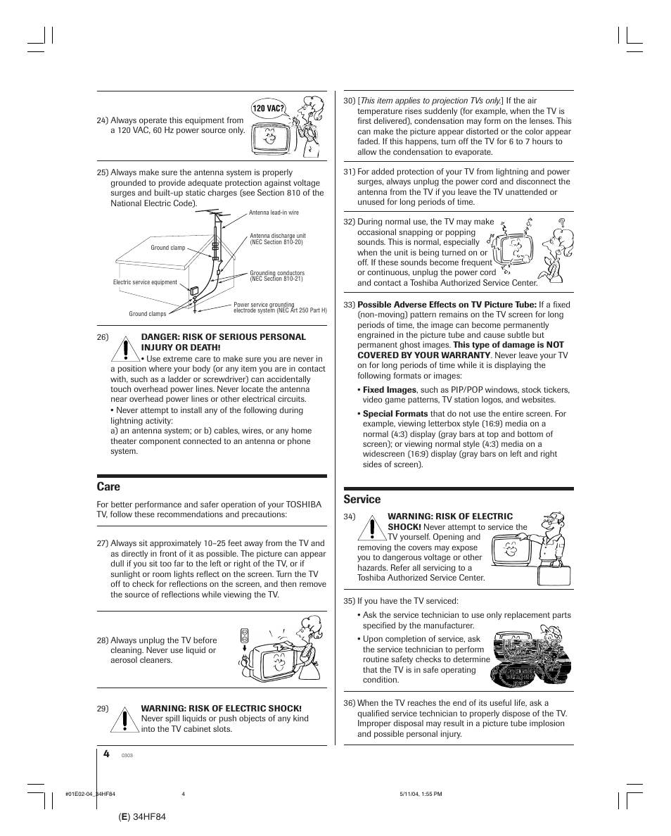 Care, Service | Toshiba 34HF84 User Manual | Page 4 / 60
