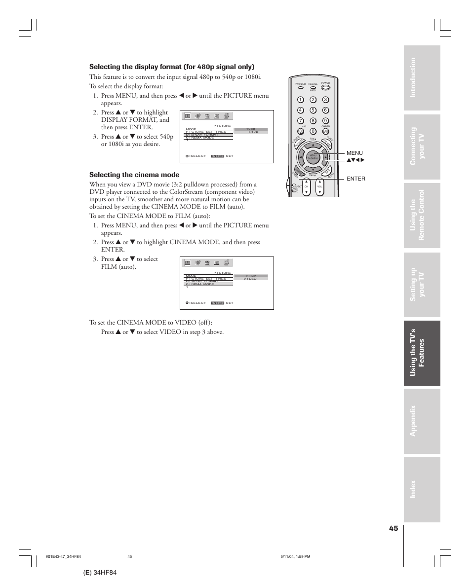 Selecting the cinema mode, E ) 34hf84 | Toshiba 34HF84 User Manual | Page 45 / 60