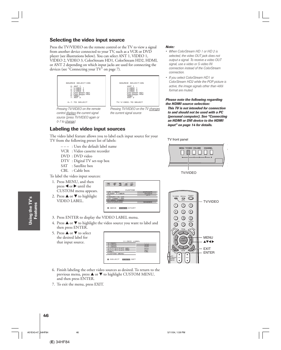 Selecting the video input source, Labeling the video input sources, E ) 34hf84 | Toshiba 34HF84 User Manual | Page 46 / 60