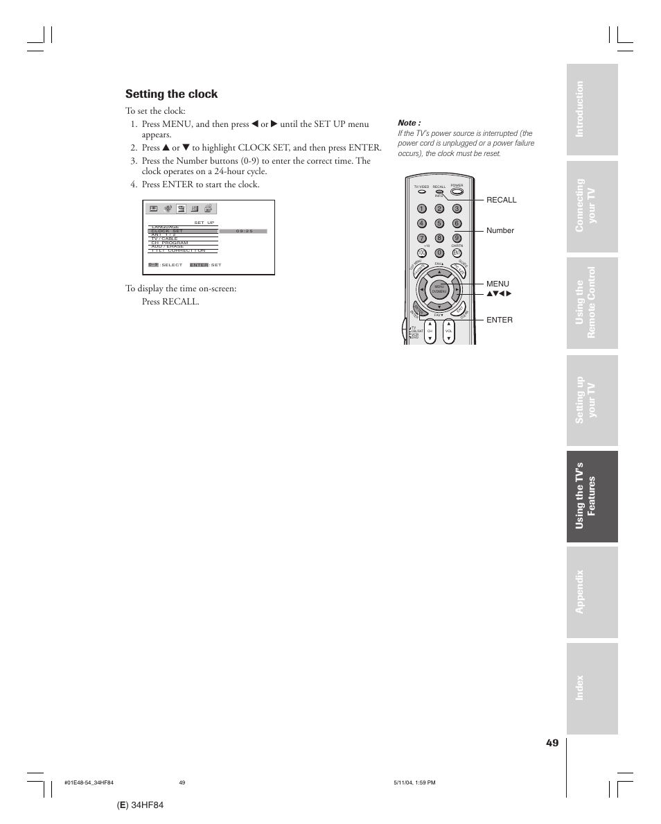 Setting the clock, E ) 34hf84 | Toshiba 34HF84 User Manual | Page 49 / 60