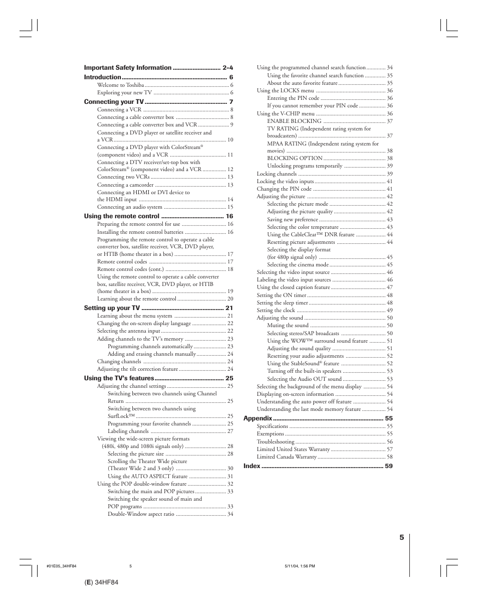 Toshiba 34HF84 User Manual | Page 5 / 60